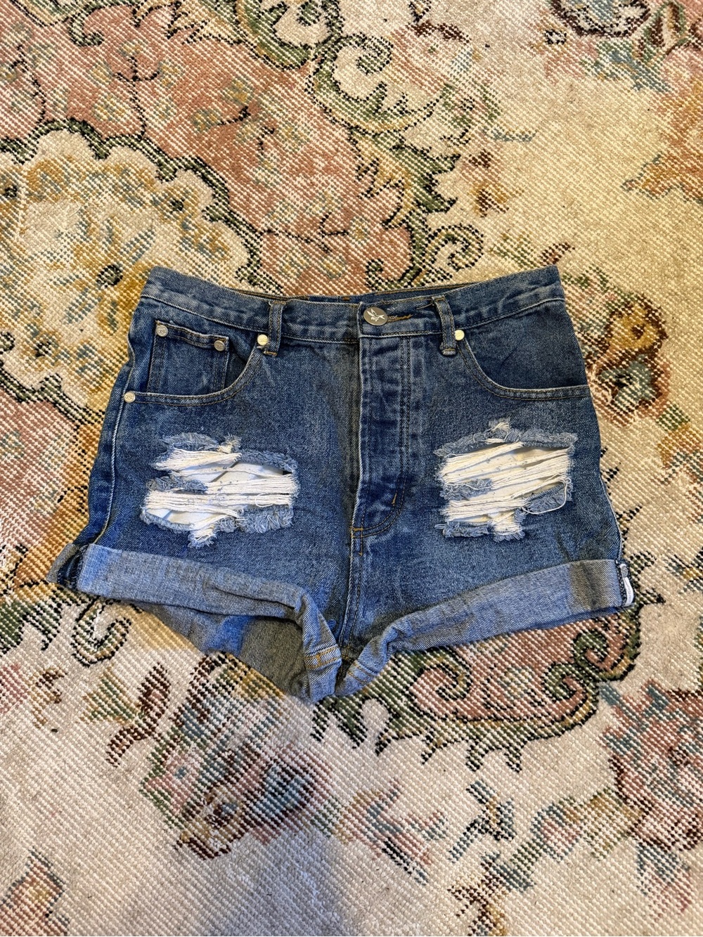 One Teaspoon Distressed Dark Blue Rolled Cuff Jean Shorts